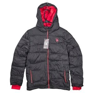 Spyder Puffer Jacket Kids Size L 14/16 Black Red New Hooded Quilted Winter Coat